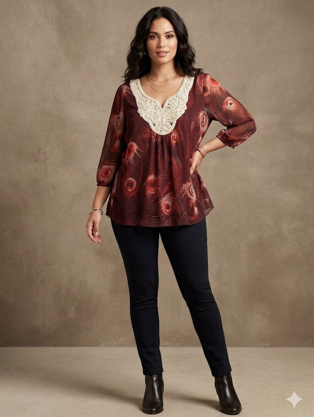 New Directions Peacock Feather Print Beaded V-Neck Blouse Size Large